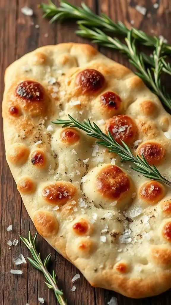 A golden-brown naan bread topped with sea salt and fresh rosemary on a wooden surface.