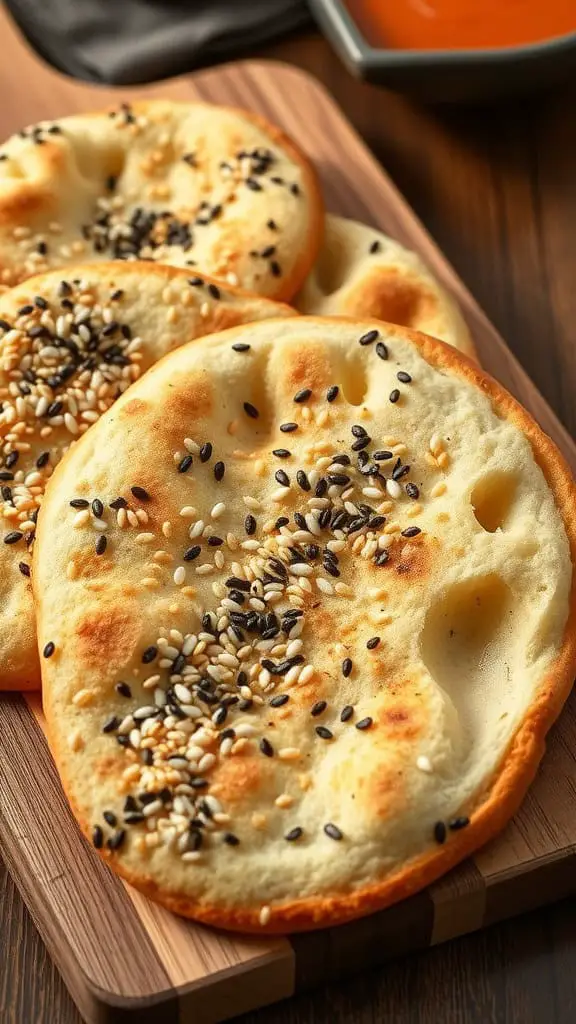 Freshly made naan bread topped with sesame seeds on a wooden board