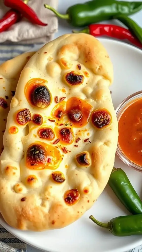 A plate of freshly made spicy chili naan bread with a side of dipping sauce and green chilies