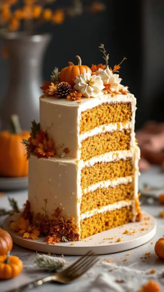 A beautifully decorated 4-layer pumpkin crunch cake with frosting, autumn flowers, and small pumpkins on top.