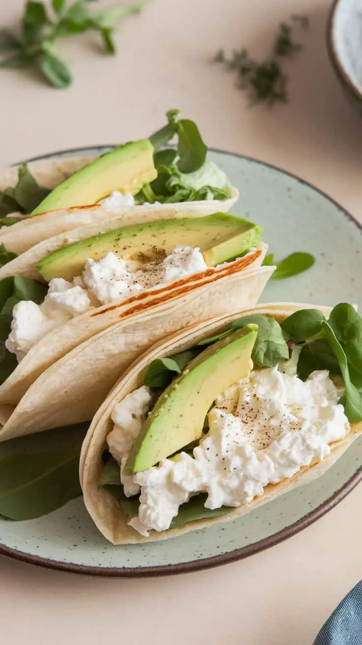 Three cottage cheese and avocado wraps on a plate with spinach