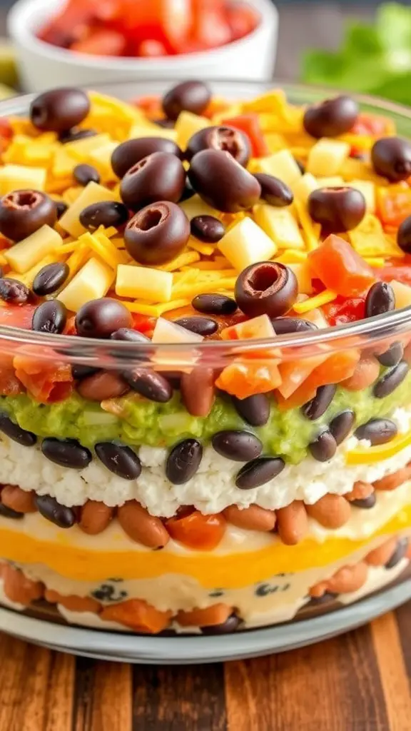 A colorful 7-layer taco dip with layers of beans, guacamole, sour cream, cheese, olives, and tomatoes.