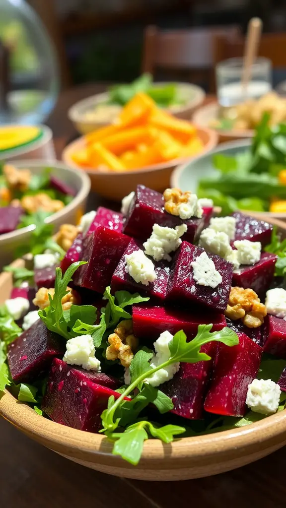 Vibrant roasted beet salad with feta and walnuts, surrounded by potluck dishes on a rustic table.