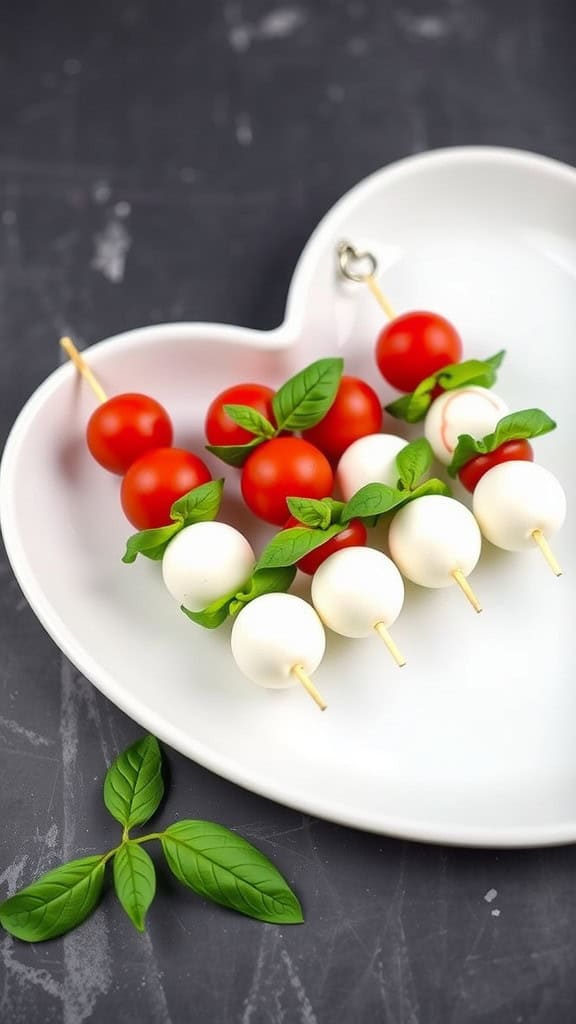 Caprese skewers with cherry tomatoes, mozzarella, and basil on a heart-shaped plate