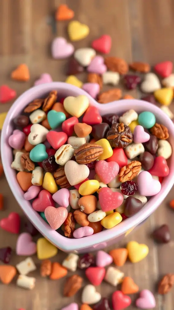 A heart-shaped bowl filled with colorful candies and nuts, resembling Cupid's heart trail mix.