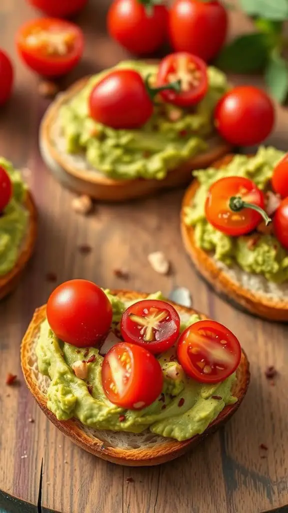 Delicious avocado crostini topped with cherry tomatoes on a wooden table.