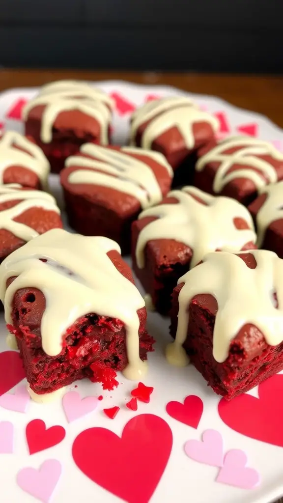 Delicious red velvet brownie bites topped with white chocolate drizzle on a heart-themed plate.