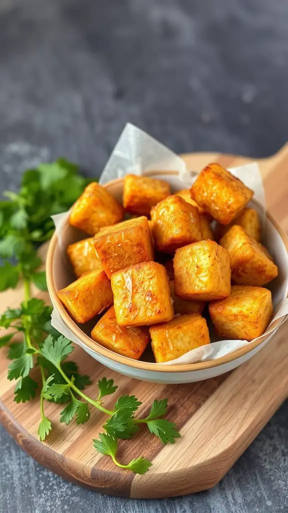 A bowl of golden air-fried tofu bites garnished with cilantro on a wooden platter.