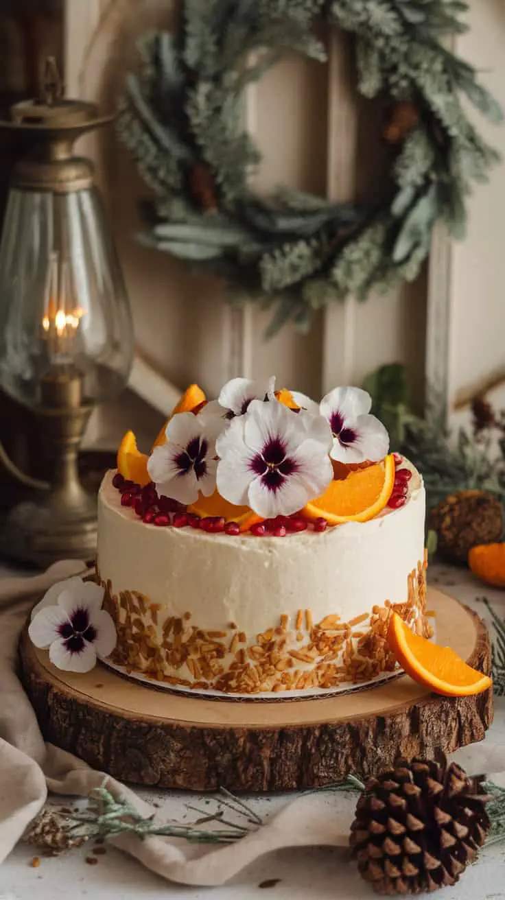 A beautifully decorated eggless plum cake with fresh fruits and flowers on top.