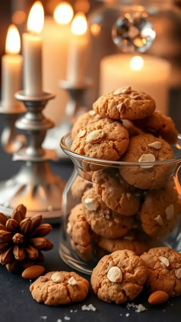 A cozy display of almond cookies in a jar, surrounded by candles and decorative elements.