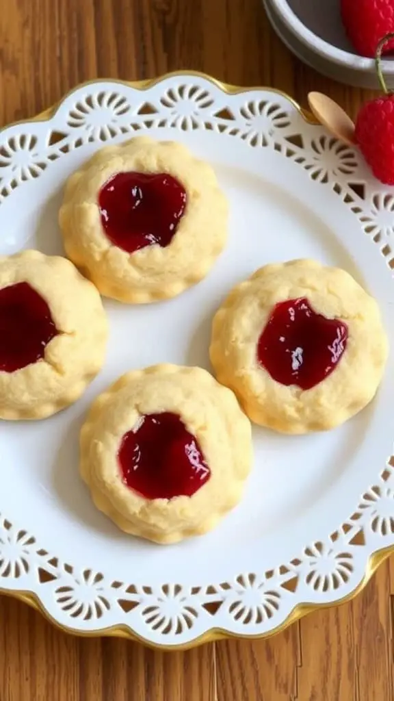 Four almond butter thumbprint cookies filled with raspberry jam on a decorative plate.