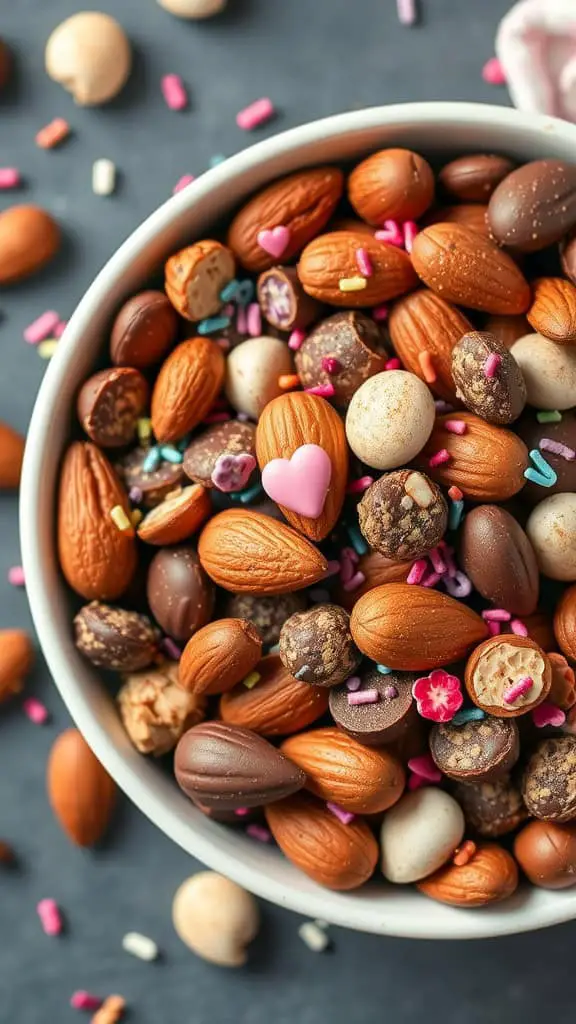 A bowl of Almond Cocoa Trail Mix filled with almonds, chocolate candies, and colorful sprinkles.