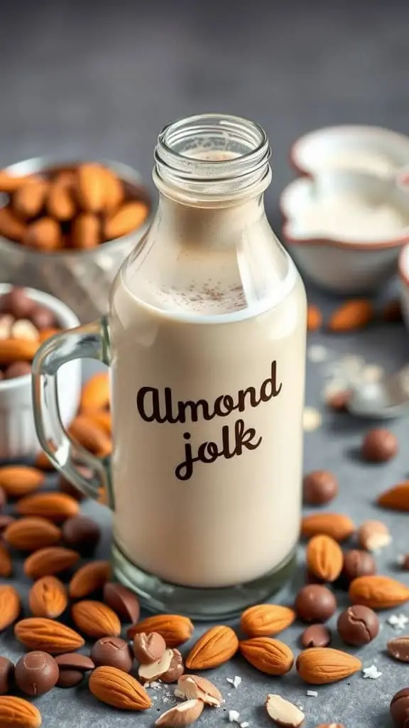 A glass bottle labeled 'Almond Jolk' filled with almond milk, surrounded by almonds and chocolate pieces.