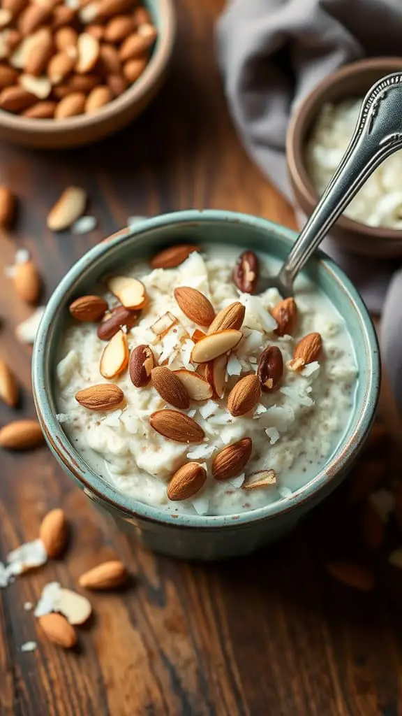 A bowl of Almond Joy Cottage Cheese Overnight Oats topped with almonds and coconut flakes.