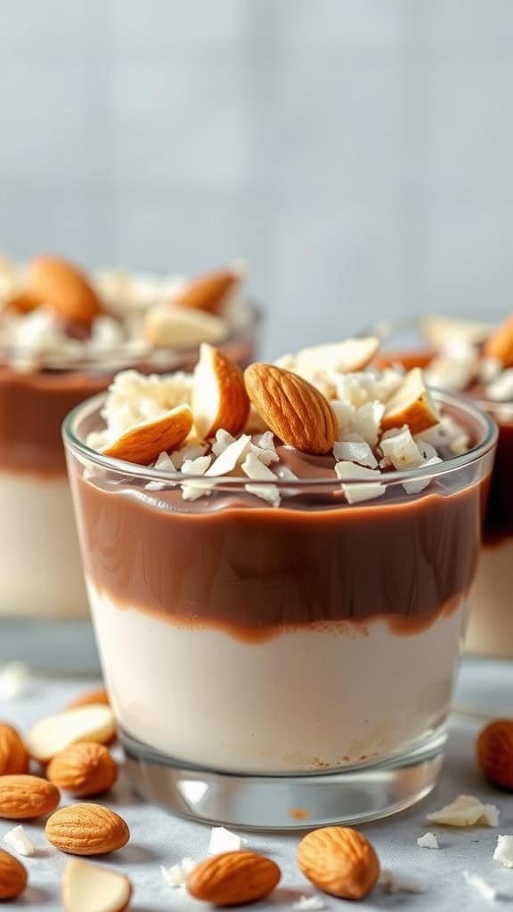 Three Almond Joy Jello Pudding Cups topped with almonds and coconut.