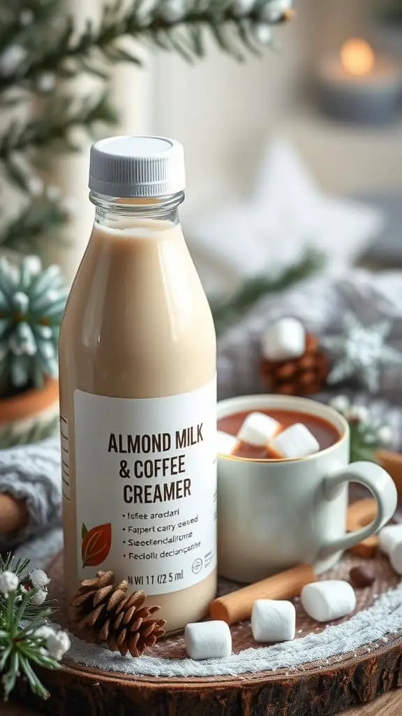 A stylish bottle of almond milk and coffee creamer next to a mug of cocoa coffee topped with marshmallows on a wooden platter.