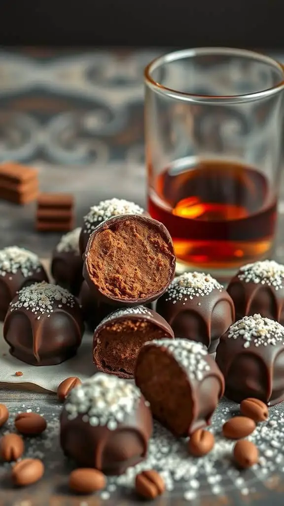 Amaretto Coffee Truffles displayed with a glass of liquor