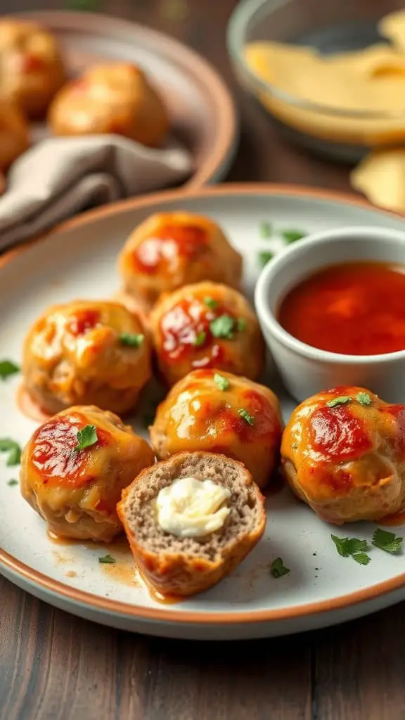 Cheese-stuffed meatballs on a plate with dipping sauce, one cut open revealing melted cheese inside.