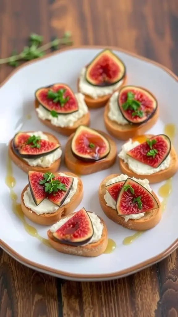 A plate of Amor Fig & Goat Cheese Toasts topped with fresh figs and herbs.