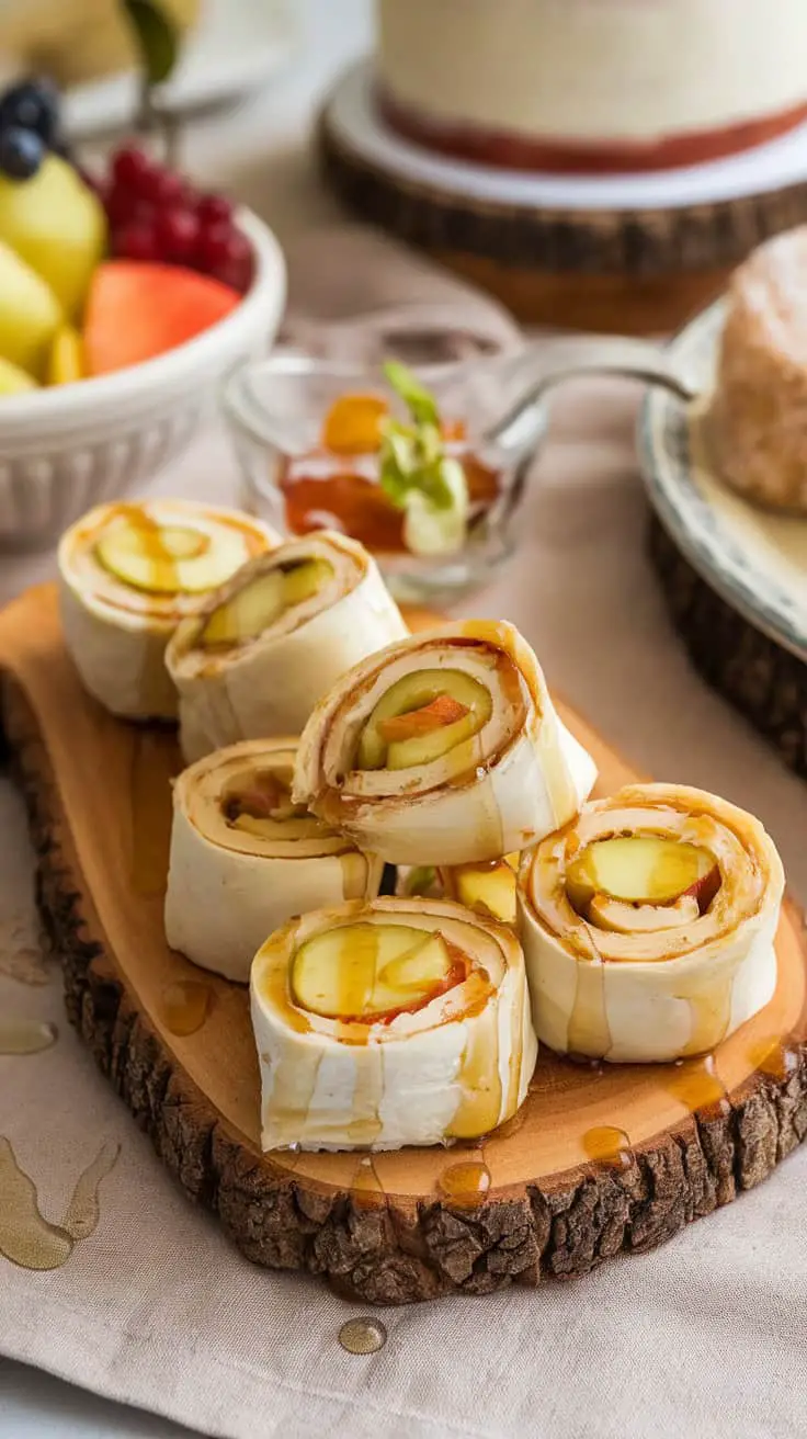 Delicious apple brie roll-ups drizzled with honey on a wooden platter