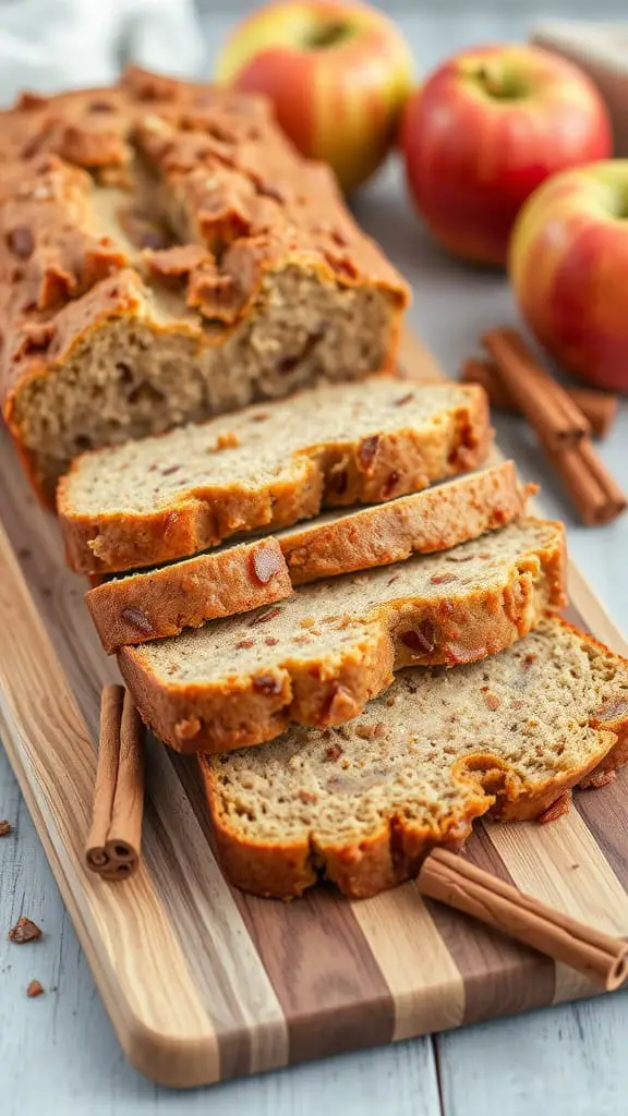 Slices of apple cinnamon breakfast loaf on a wooden cutting board, with fresh apples and cinnamon sticks in the background.