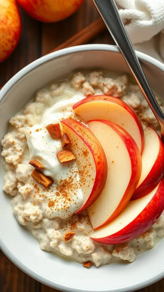 A bowl of overnight oats topped with apple slices and sprinkled with cinnamon