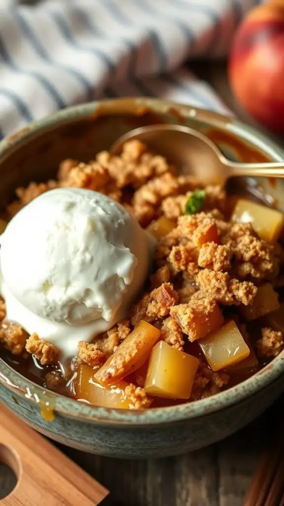 A bowl of Apple Cinnamon Jello Crumble topped with ice cream.