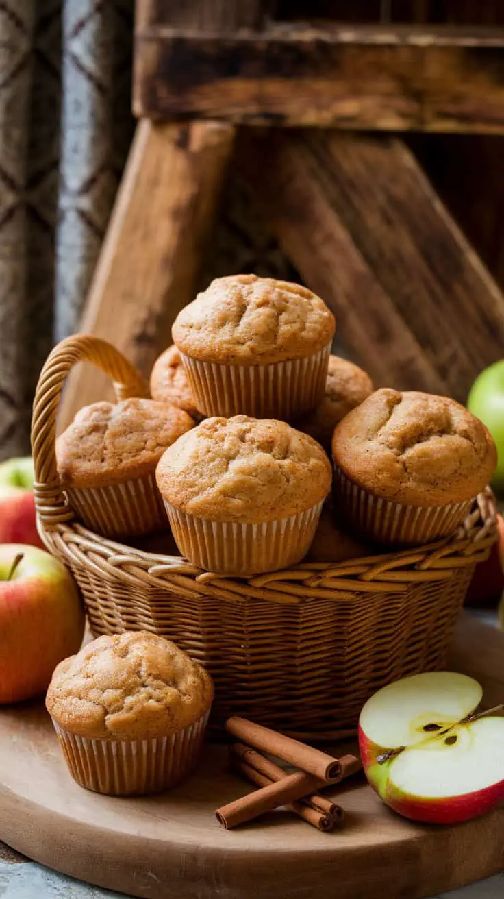 A basket of freshly baked apple cinnamon muffins with apples and cinnamon sticks