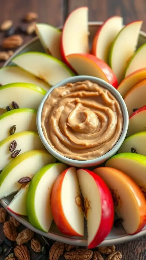 A platter of colorful apple slices arranged around a bowl of peanut butter dip, surrounded by nuts.