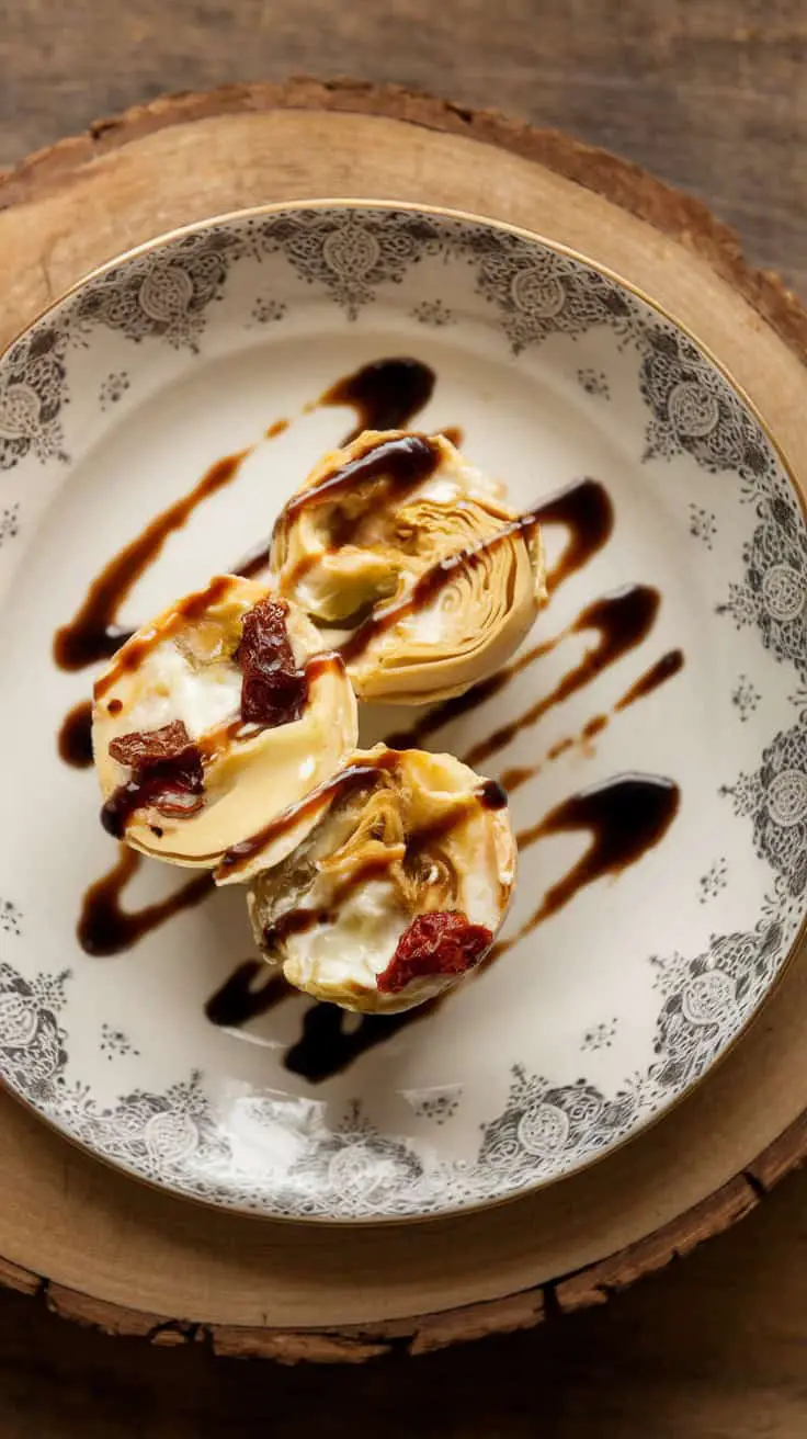 A plate of artichoke and sun-dried tomato low-carb egg bites drizzled with sauce.