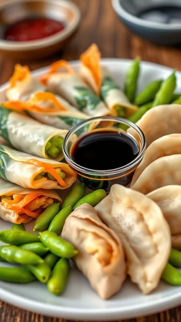 A colorful Asian-inspired appetizer tray featuring fresh vegetable rolls, dumplings, and edamame.