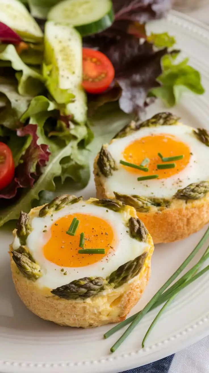 Two oven-baked egg bites with asparagus, served with a side salad of greens, tomatoes, and cucumbers.