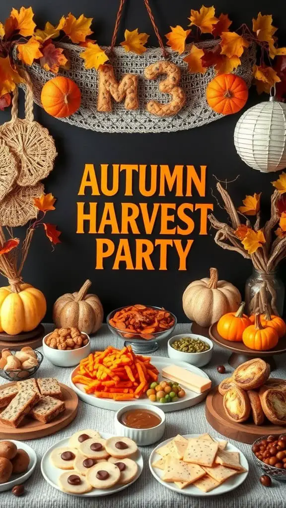 A colorful autumn harvest party board featuring pumpkins, snacks, and autumn leaves.