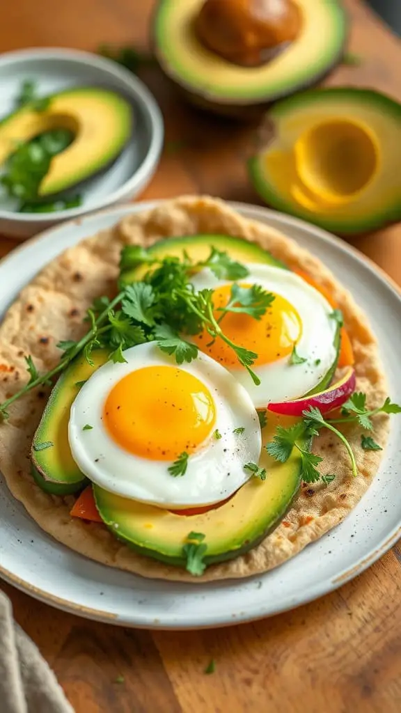 Avocado and egg breakfast pita with herbs on a plate