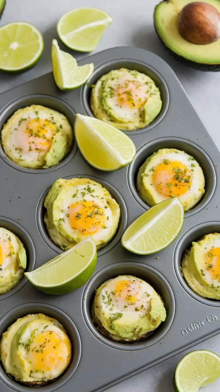 Muffin tin filled with avocado and lime egg bites, garnished with lime wedges.