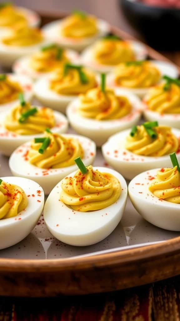 A platter of avocado deviled eggs topped with paprika and chives.