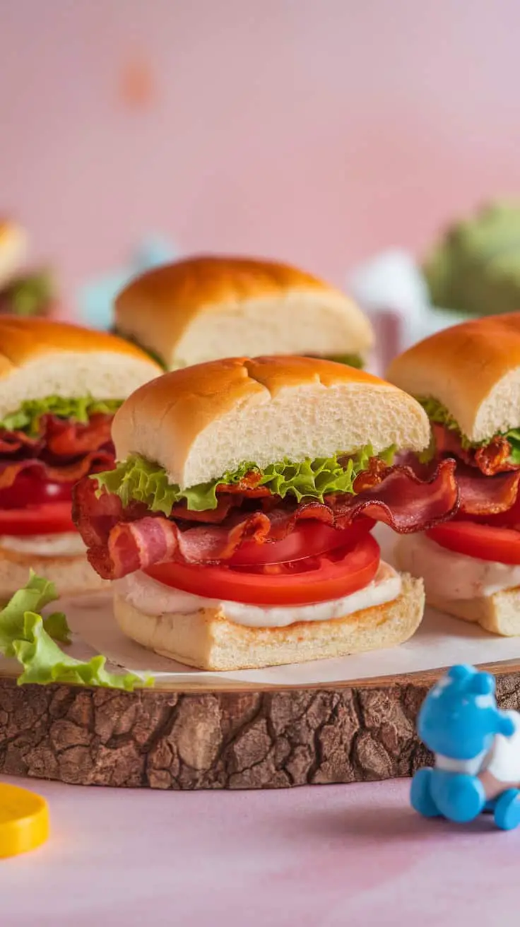 A close-up of Baby BLT Sliders with bacon, lettuce, and tomato in soft buns, displayed on a wooden board.