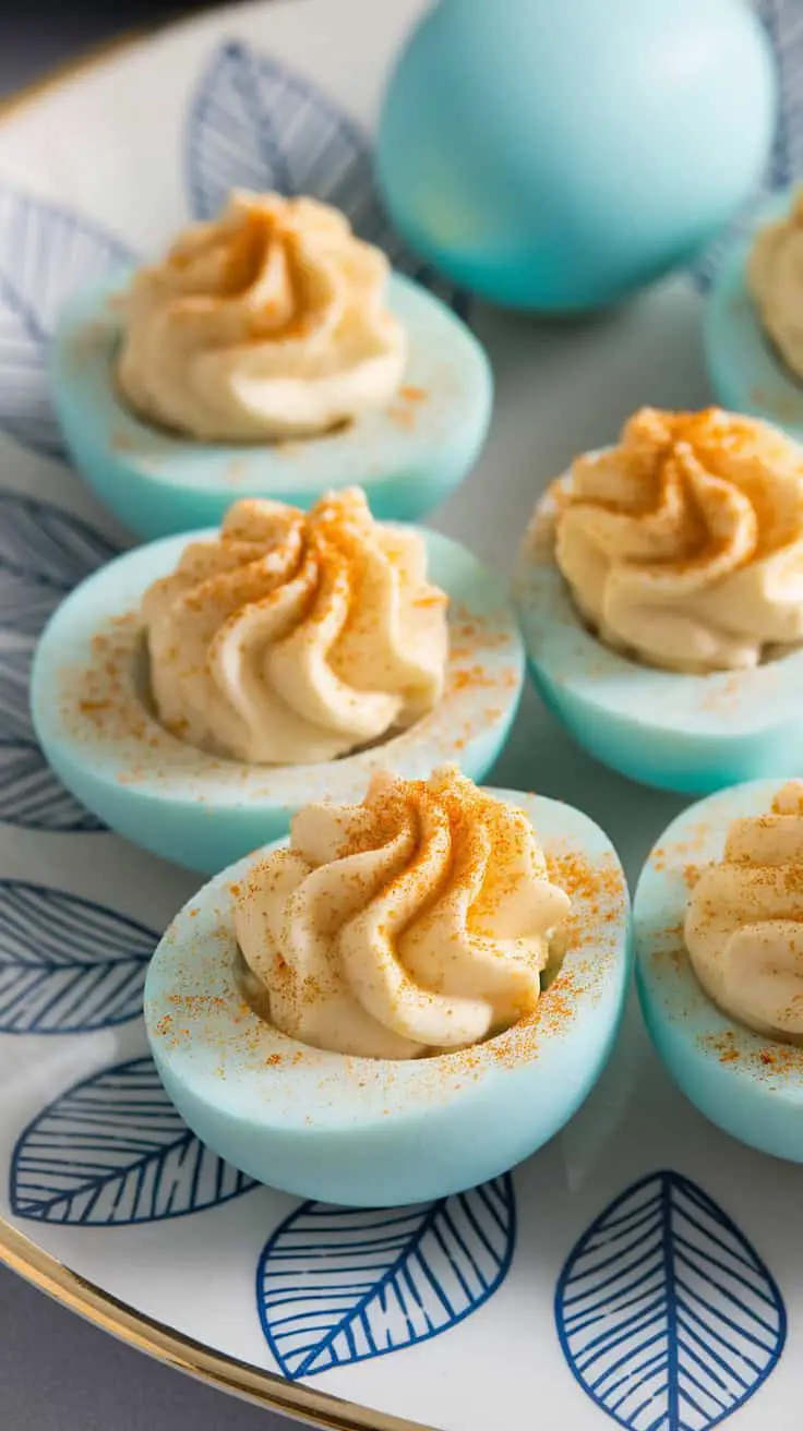 A close-up of baby blue deviled eggs topped with a swirl of creamy filling and sprinkled with paprika on a decorative plate.