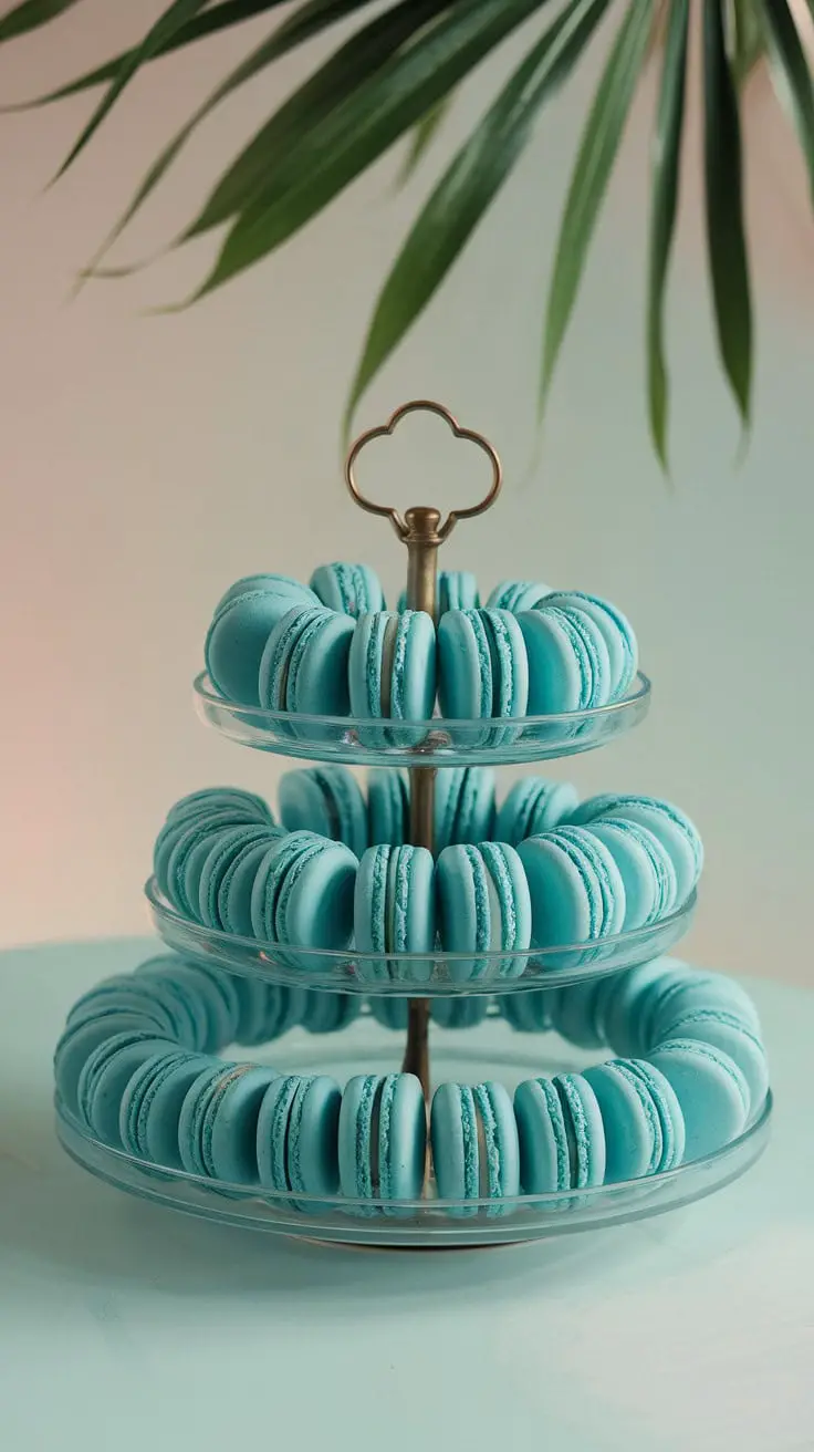 A three-tiered stand filled with baby blue macarons, set against a soft background.