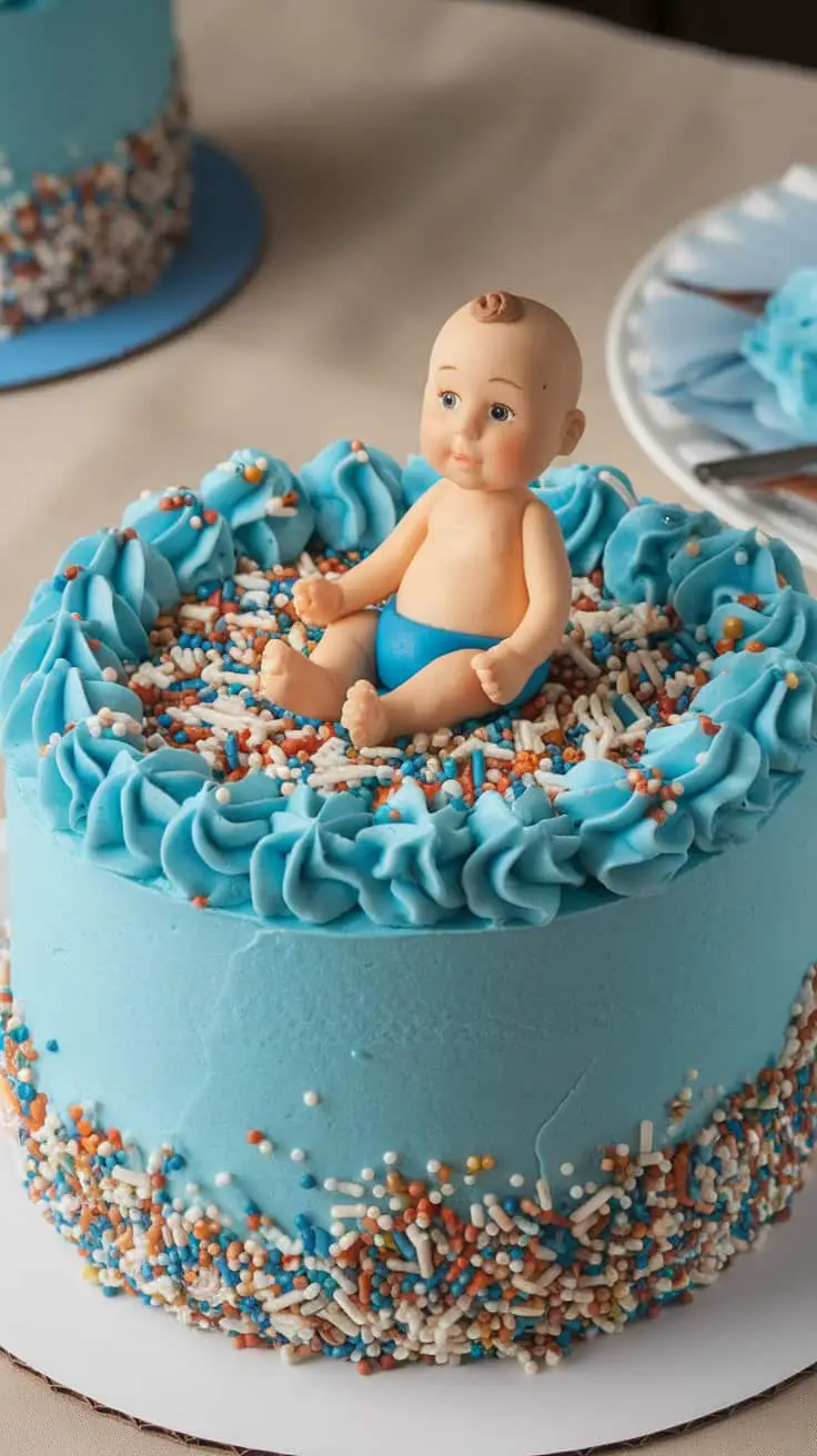 A blue frosted cake with a baby figurine on top, surrounded by colorful sprinkles, designed for a baby boy celebration.