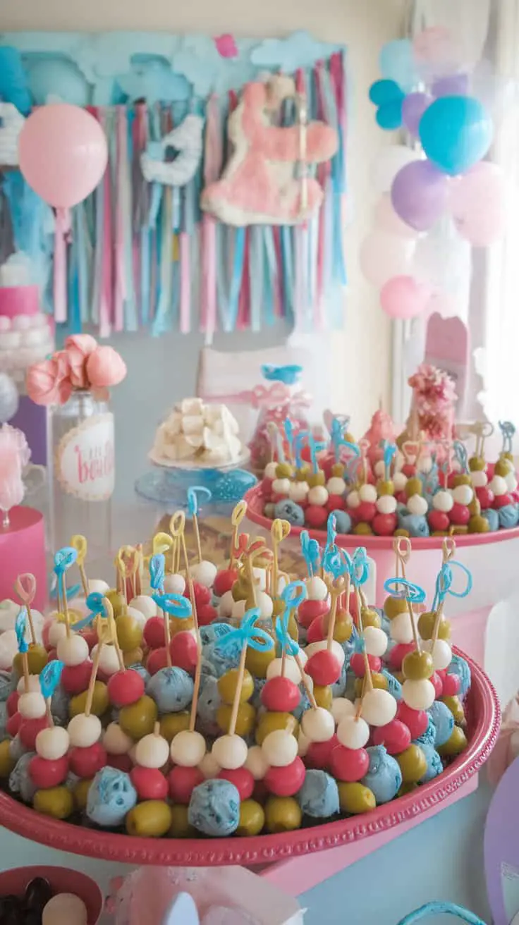 Colorful skewers of baby mozzarella, olives, and cherry tomatoes arranged on a pink platter, set against a festive background.