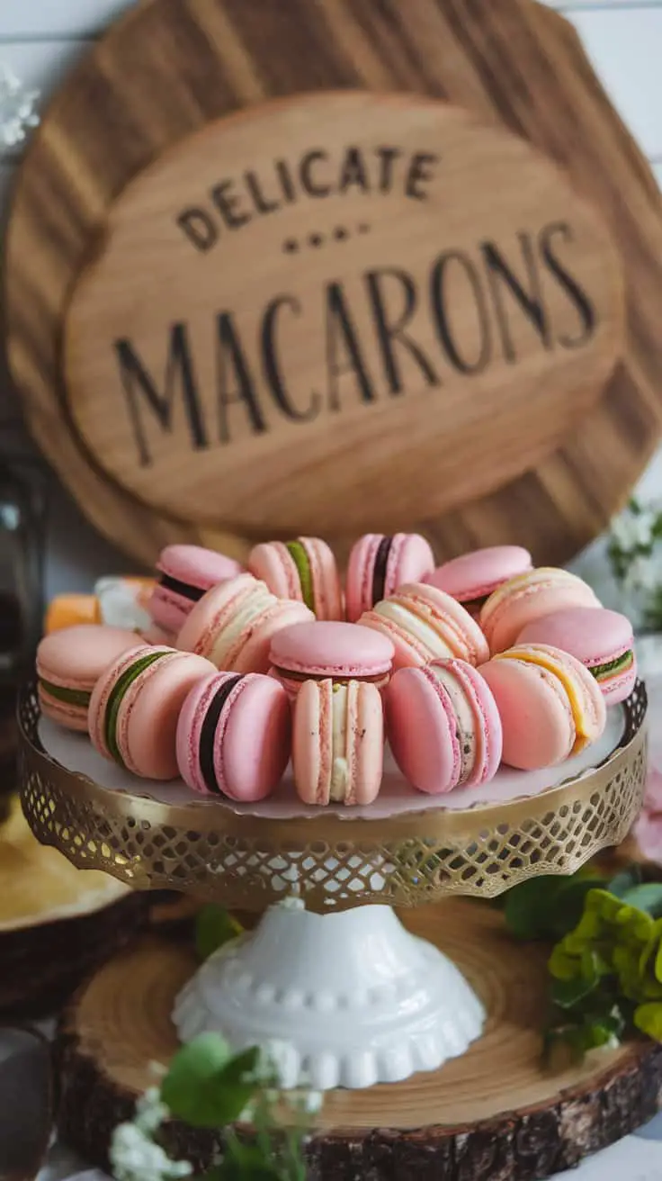 A display of baby pink macarons with various fillings on a decorative stand.