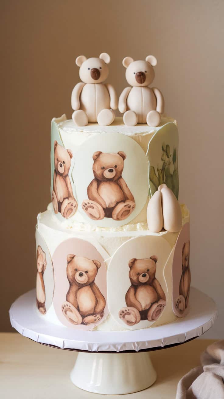 A beautifully decorated two-tiered baby shower cake featuring fondant teddy bears and printed images of bears, designed for a neutral theme.