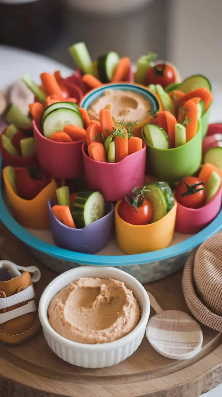 A colorful arrangement of baby veggie cups filled with carrots, cucumbers, and cherry tomatoes, served with a bowl of hummus.