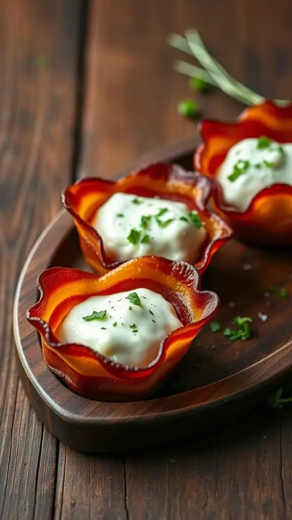 Bacon-wrapped cups filled with cottage cheese on a wooden platter.