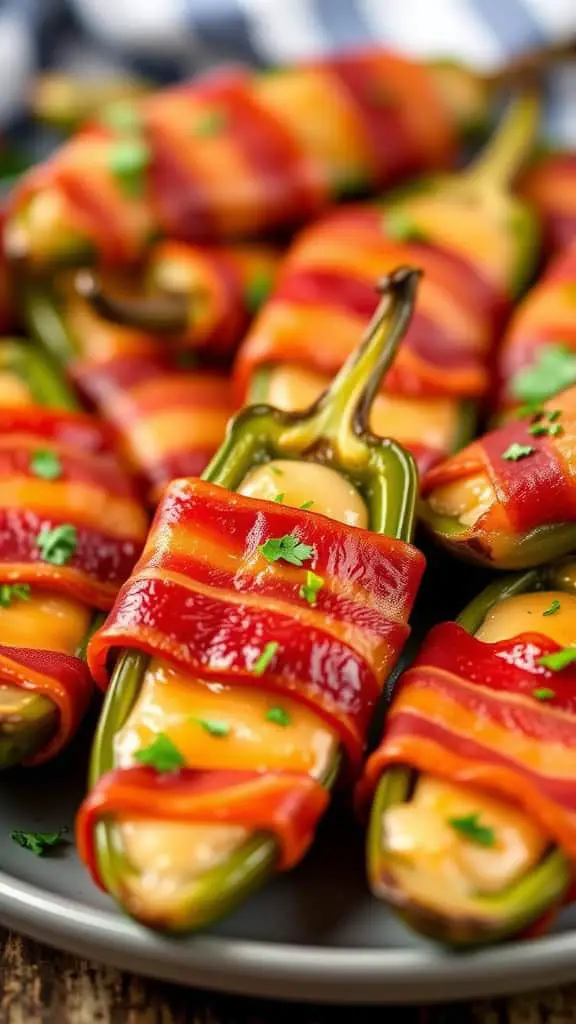 Plate of bacon-wrapped jalapeños with cheese filling and garnished with parsley