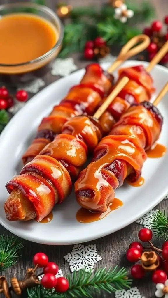 A plate of bacon-wrapped smokies drizzled with brown sugar glaze, surrounded by festive decorations.