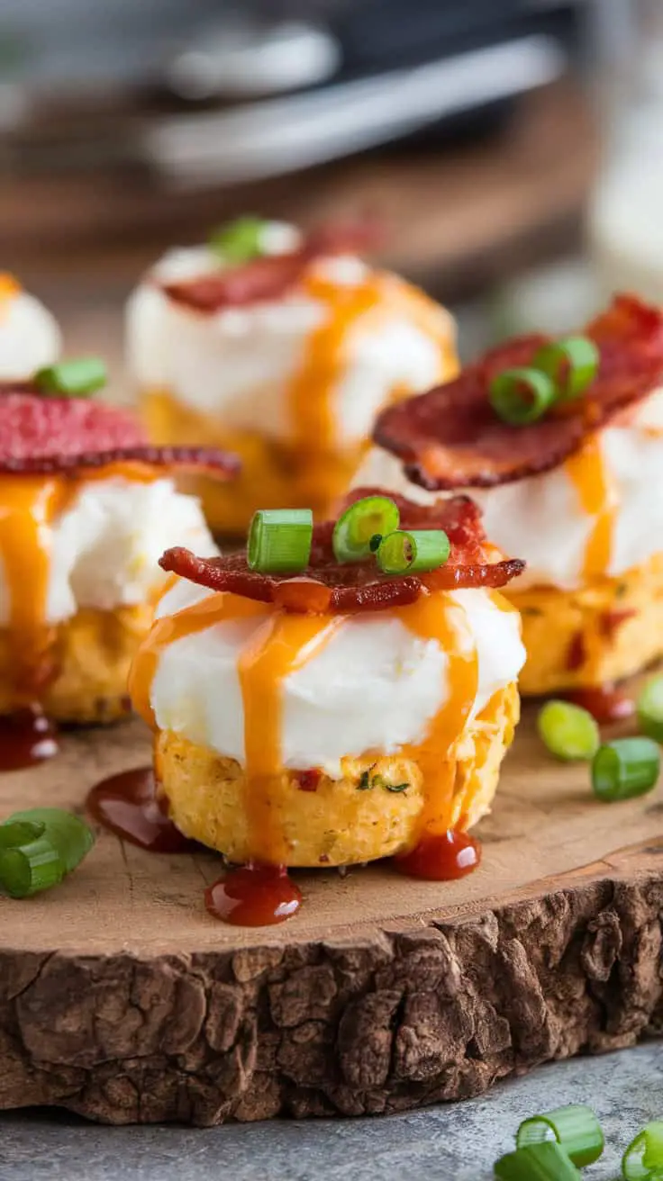 Bacon and cheddar high-protein egg white bites topped with green onions and sauce on a wooden platter.