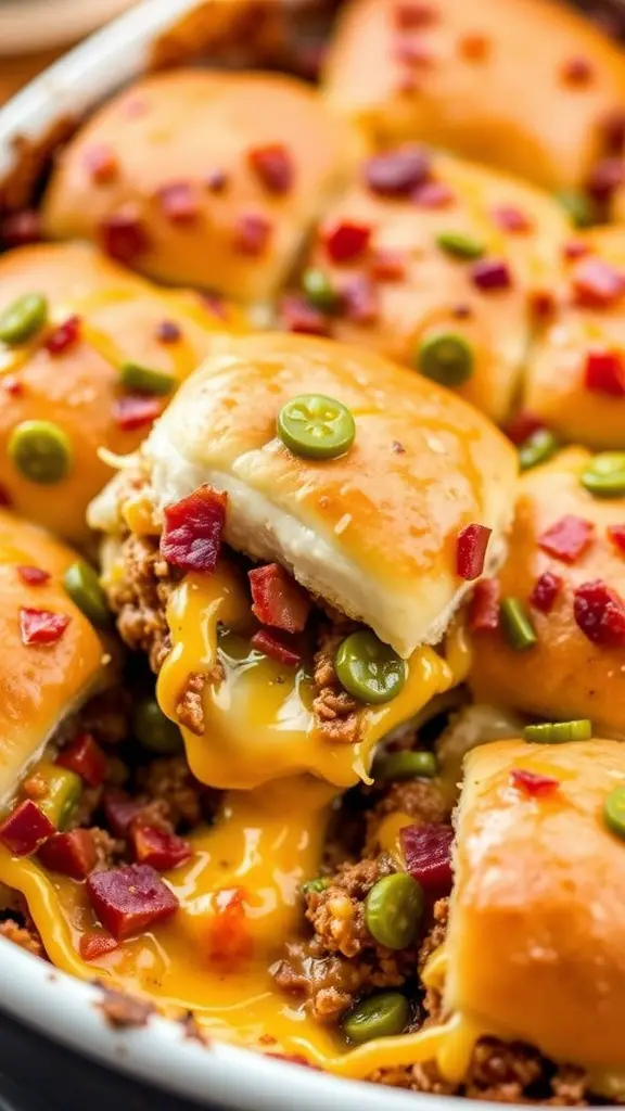 A close-up of a cheesy bacon cheeseburger slider dip with buns and toppings