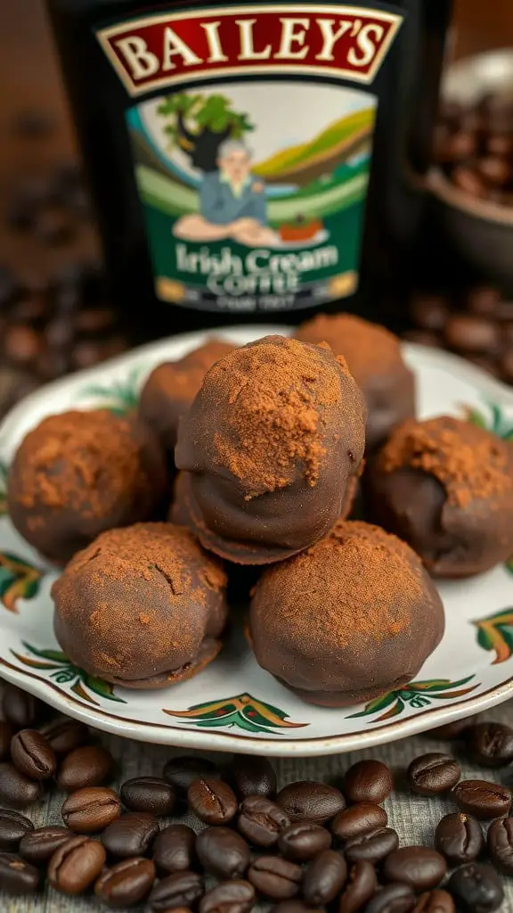 A plate of Bailey's Irish Cream Coffee Truffles dusted with cocoa powder, with coffee beans and a bottle of Bailey's Irish Cream in the background.